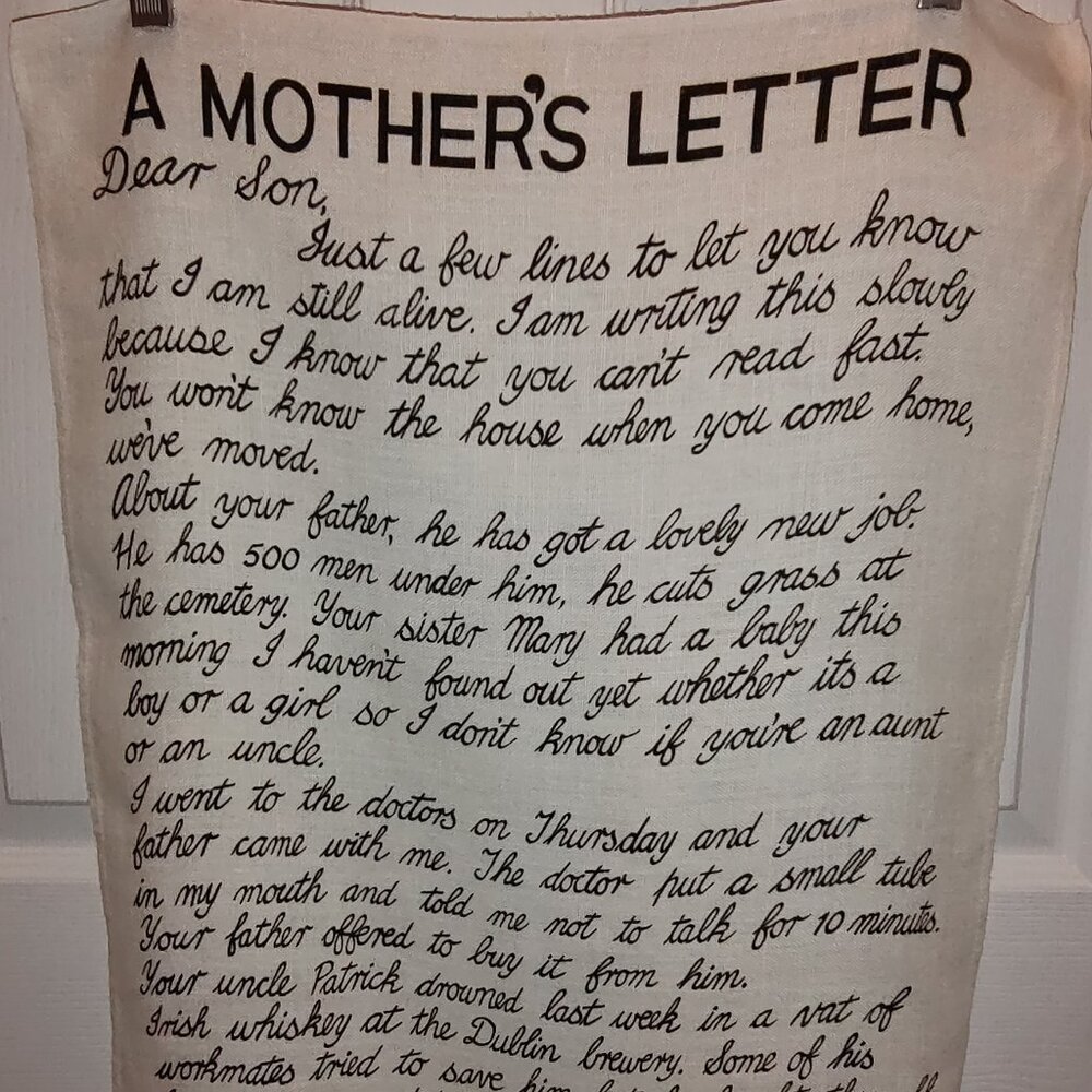 NATURAL LINEN TOWEL  A MOTHER'S LETTER DEAR SON 100% IRISH LINEN IRELAND 19x30